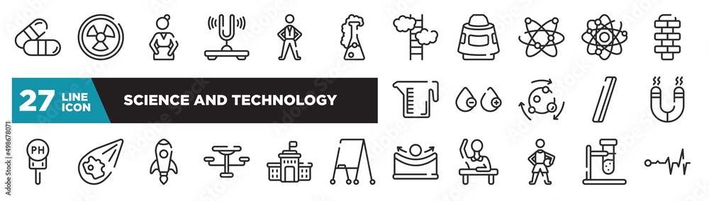 set of science and technology icons in outline style. thin line web ...