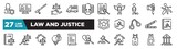 set of law and justice icons in outline style. thin line web icons such as custody, prisoner, convict, defense, law and justice, death certificate, pepper spray editable vector.