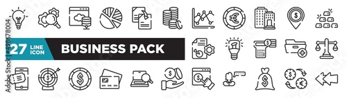 set of business pack icons in outline style. thin line web icons such as lightbulb black tool shape, three dollar coins stacks, federal bank, light modern lamp tool, target with an arrow, optimizer,