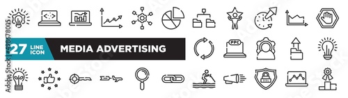 set of media advertising icons in outline style. thin line web icons such as creative plan, diagrams, time out, ppc, satisfied, magnifier tool, graph notebook editable vector.