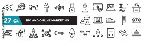 set of seo and online marketing icons in outline style. thin line web icons such as left arrow head, locked padlock, statistics on screen, online voting, lock, old key in diagonal, speech bubbles