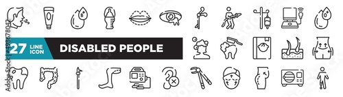 set of disabled people icons in outline style. thin line web icons such as breath, infection, drip, brushing teeth, intestine, defibrillator, sterilization editable vector.