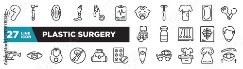 set of plastic surgery icons in outline style. thin line web icons such as hearing, medical results, patient robe, vial, eyesight, baby bag, augmentation editable vector.