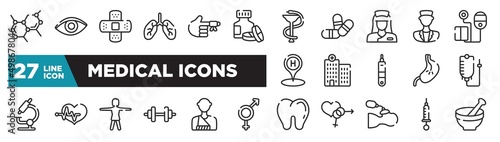 set of medical icons icons in outline style. thin line web icons such as biology shape, s, nurse, hospital, heart beats lifeline in a heart, man with broken arm, syringe with medicine editable