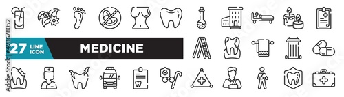 set of medicine icons in outline style. thin line web icons such as fresh soda glass, teeth black shape, man in bed, plaque, nurses, dental record, dental insurance editable vector.