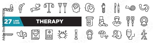 set of therapy icons in outline style. thin line web icons such as broken hand, neurology, instruments, broken leg, music therapy, seafood, iv bag editable vector.