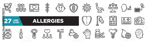 set of allergies icons in outline style. thin line web icons such as blood pressure meter, immunity, weigh scale, intravenous, ampoule, reflex hammer, donor editable vector.