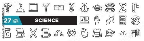 set of science icons in outline style. thin line web icons such as caduceus, botanic, magnetic field, raise hand, passed, omega, collision editable vector.