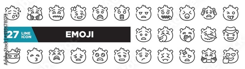 set of emoji icons in outline style. thin line web icons such as sleep emoji, surprised emoji, yelling sneezing kissing with closed eyes slightly frowning happy editable vector.