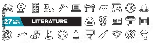 set of literature icons in outline style. thin line web icons such as testing glasses, e-learning, golf cart, driving school, damaged, driving, dart editable vector.