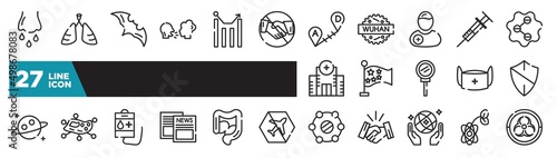 set of icons in outline style. thin line web icons such as runny e, no handshake, patient, china, infection, intestine, biology editable vector.