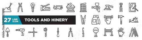 set of tools and hinery icons in outline style. thin line web icons such as sand, lodge, sanding hine, washing powder, perforator, null, left glove editable vector.