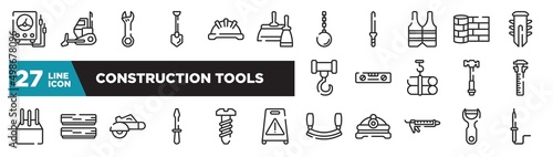 set of construction tools icons in outline style. thin line web icons such as electric gauge, two spatulas, reflective vest, balance ruler, boards, bolts, peeler editable vector.