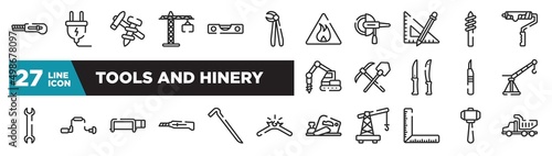 set of tools and hinery icons in outline style. thin line web icons such as null, forceps, ruler and pencil, mine, brace, crowbar, big hammer editable vector.