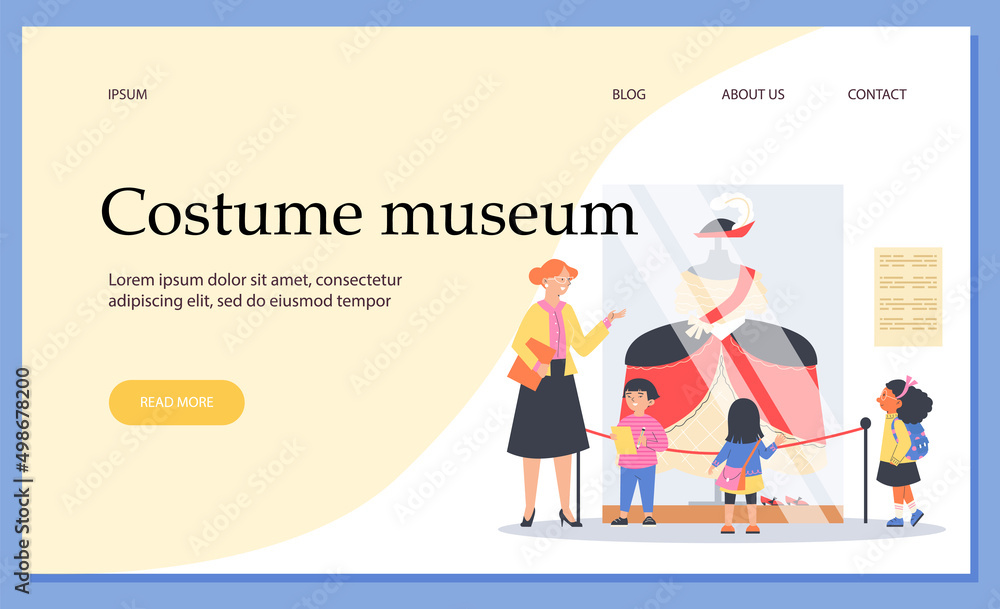 Costume museum web banner with children on excursion, flat vector illustration. Costume museum web banner with children on excursion, flat vector illustration.