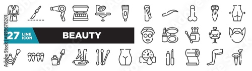 set of beauty icons in outline style. thin line web icons such as robe, tooth paste, , make up kit, braces, cotton swab, thigh editable vector.