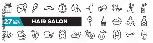 set of hair salon icons in outline style. thin line web icons such as barber shop, hair dye, female hair cut with scissors, brush tool, hot stones, long female tincture, waxing editable vector.