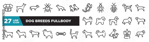set of dog breeds fullbody icons in outline style. thin line web icons such as dog moustache, dogs, madagascan, bichon frise, french bulldog, pet toy, pet clo editable vector.