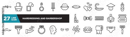 set of hairdressing and barbershop icons in outline style. thin line web icons such as curling tongs, kiss, hair wash sink, elegante, afro pick, dermathology, underclo editable vector.