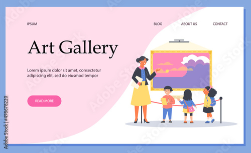 Web banner for art gallery, children visit exhibition flat style