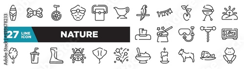 set of nature icons in outline style. thin line web icons such as suroard, gravy, seeds, magic wand, soda, stingray, ham editable vector.