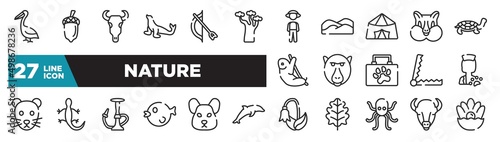 set of nature icons in outline style. thin line web icons such as pelican, baobab, jaima tent, baboon, lizard, hamster, bison editable vector.