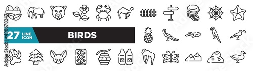 set of birds icons in outline style. thin line web icons such as nest, dromedary, tornado, peacock, spruce, beehive, anthill editable vector.
