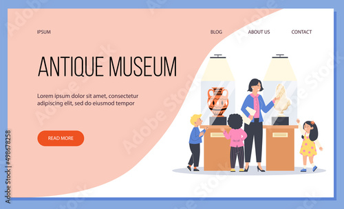 Antique museum website with children watching exponents, vector illustration.