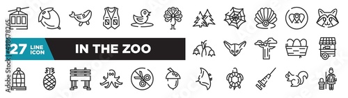 set of in the zoo icons in outline style. thin line web icons such as cable car, peacock, pearl, fennec, pine, no cut, chipmunk editable vector.