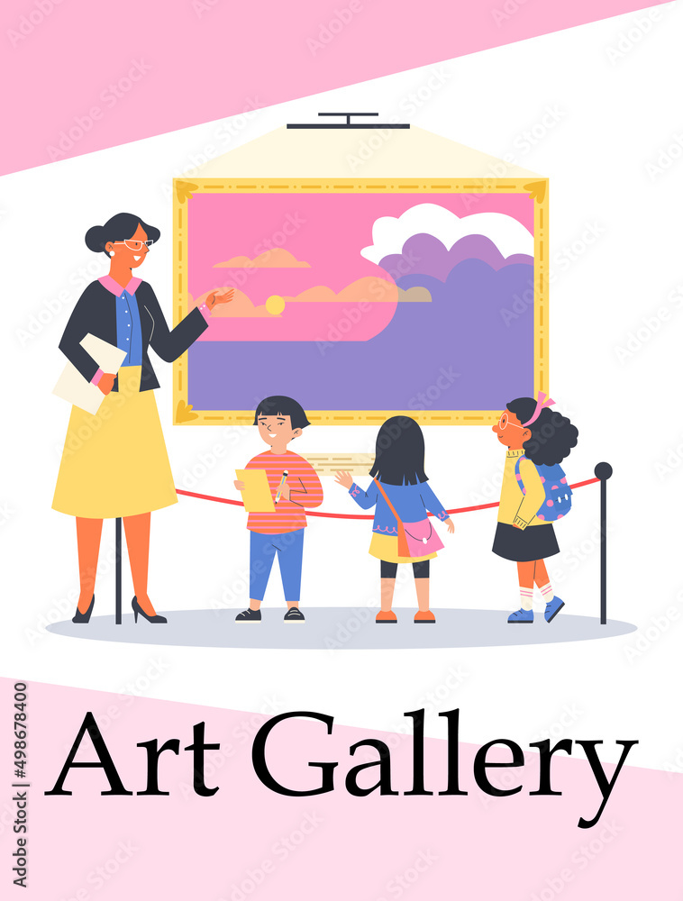 Kids watch exhibition in art gallery, guide tells about picture flat style Kids watch exhibition in art gallery, guide tells about picture flat style