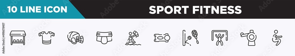 set of 10 outline sport fitness icons. editable thin line icons such as team bench, t-shirts, hockey helmet, jockstrap, kitesurfing, stem, squash vector illustration. set of 10 outline sport fitness icons. editable thin line icons such as team bench, t-shirts, hockey helmet, jockstrap, kitesurfing, stem, squash vector illustration.