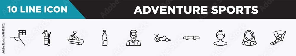 set of 10 outline adventure sports icons. editable thin line icons such as football flag, golf caddy, sledding, isotonic, drivers, kart racing, diving belt vector illustration. set of 10 outline adventure sports icons. editable thin line icons such as football flag, golf caddy, sledding, isotonic, drivers, kart racing, diving belt vector illustration.