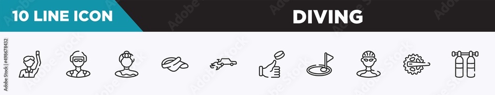 set of 10 outline diving icons. editable thin line icons such as committee, skydiver, gymnast, visor, autocross, coin toss, birdie vector illustration.