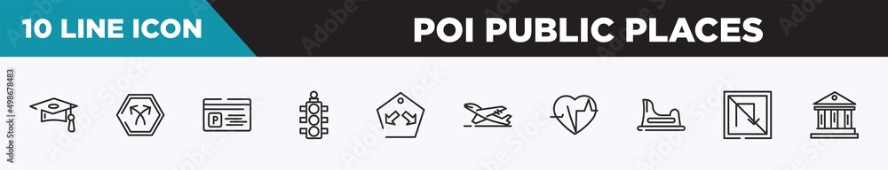 set of 10 outline poi public places icons. editable thin line icons such as graduate cap, bifurcation, parking card, semaphore light, keep in lane, take off, electrocardiogram inside heart vector set of 10 outline poi public places icons. editable thin line icons such as graduate cap, bifurcation, parking card, semaphore light, keep in lane, take off, electrocardiogram inside heart vector