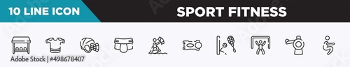 set of 10 outline sport fitness icons. editable thin line icons such as team bench, t-shirts, hockey helmet, jockstrap, kitesurfing, stem, squash vector illustration.