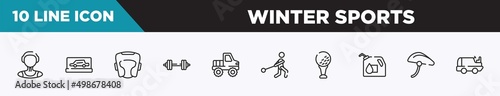 set of 10 outline winter sports icons. editable thin line icons such as waterpolo player, backup car, headgear, barbell, off road, hammer throwing, tee vector illustration.