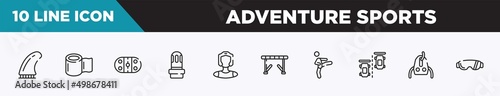 set of 10 outline adventure sports icons. editable thin line icons such as fin, null, arena, led strobe, kickboxer, hurdle, kicking vector illustration.