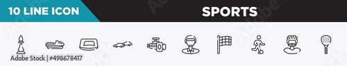 set of 10 outline sports icons. editable thin line icons such as chesspiece, speedboat, push up, chase, horsepower, polo player, black flagged vector illustration.