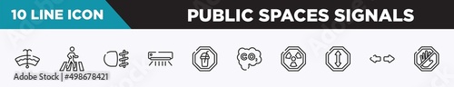 set of 10 outline public spaces signals icons. editable thin line icons such as windshield washer, crossing, fog light, air condition, milk shake, carbon monoxide, radiactive vector illustration.