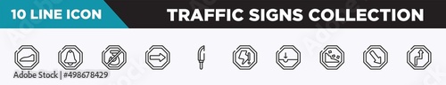 set of 10 outline traffic signs collection icons. editable thin line icons such as slope, alarm, no hoist, one way, knife in sheath, lightning warning, pothole vector illustration.