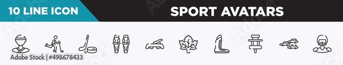 set of 10 outline sport avatars icons. editable thin line icons such as judoka, bowman, puck, shin, fitness step, m leaf, boxing shoe vector illustration.
