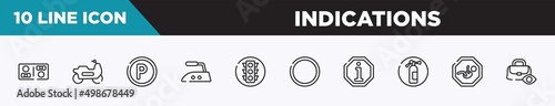 set of 10 outline indications icons. editable thin line icons such as restroom, motorbike riding, p inside a circle, hot iron, round traffic, empty circle, information vector illustration.