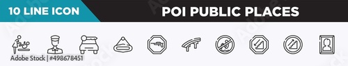 set of 10 outline poi public places icons. editable thin line icons such as babysitter and child, policeman figure, car rental, hanging, hunting zone, flyover bridge, no bomb jump vector