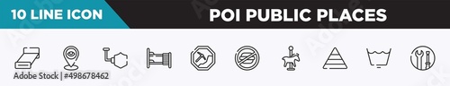 set of 10 outline poi public places icons. editable thin line icons such as bed 3d view, tracking, shield, dormitory, mining work zone, not allowed snacks, carousel horse vector illustration.