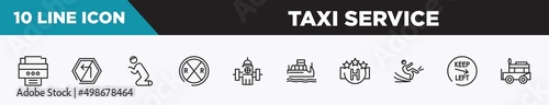set of 10 outline taxi service icons. editable thin line icons such as portable printer, no turn left, praying, railroad crossing, water bomb city supplier, water taxi, square hotel vector © VectorStockDesign
