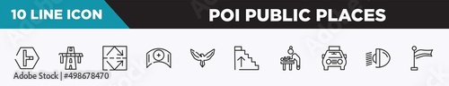 set of 10 outline poi public places icons. editable thin line icons such as t junction, bridge on avenue perspective, reflective, nursing, hawk, ascending stairs, baby changer vector illustration.