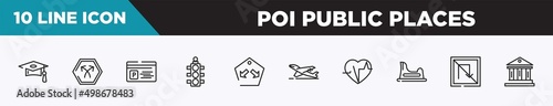 set of 10 outline poi public places icons. editable thin line icons such as graduate cap, bifurcation, parking card, semaphore light, keep in lane, take off, electrocardiogram inside heart vector