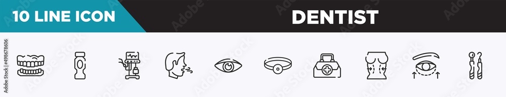 set of 10 outline dentist icons. editable thin line icons such as dentures, hydratation, ventilator, breath, eyesight, head mirror, doctor briefcase vector illustration. set of 10 outline dentist icons. editable thin line icons such as dentures, hydratation, ventilator, breath, eyesight, head mirror, doctor briefcase vector illustration.