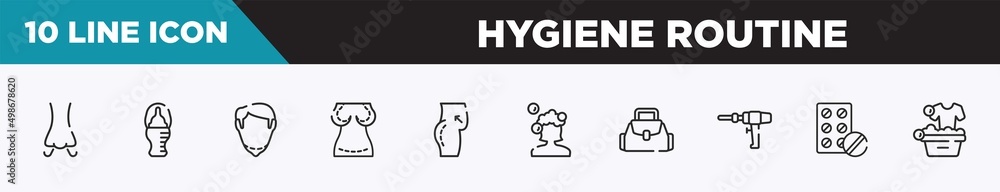 set of 10 outline hygiene routine icons. editable thin line icons such as smelling, baby bottle, chin, augmentation, butt, hair wash, baby bag vector illustration.