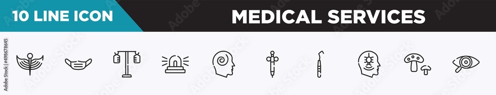 set of 10 outline medical services icons. editable thin line icons such as medical, dentist mask, iv pole, ambulance lights, hypis, anesthesia, dental probe vector illustration. set of 10 outline medical services icons. editable thin line icons such as medical, dentist mask, iv pole, ambulance lights, hypis, anesthesia, dental probe vector illustration.
